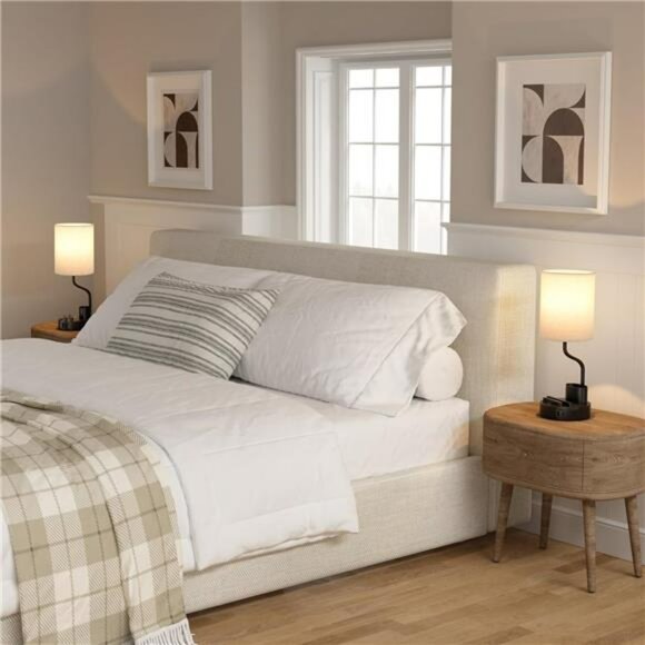 Set of 2 bedside table lamps with USB C AC outlets phone stand pen holder lighti - Picture 2 of 7